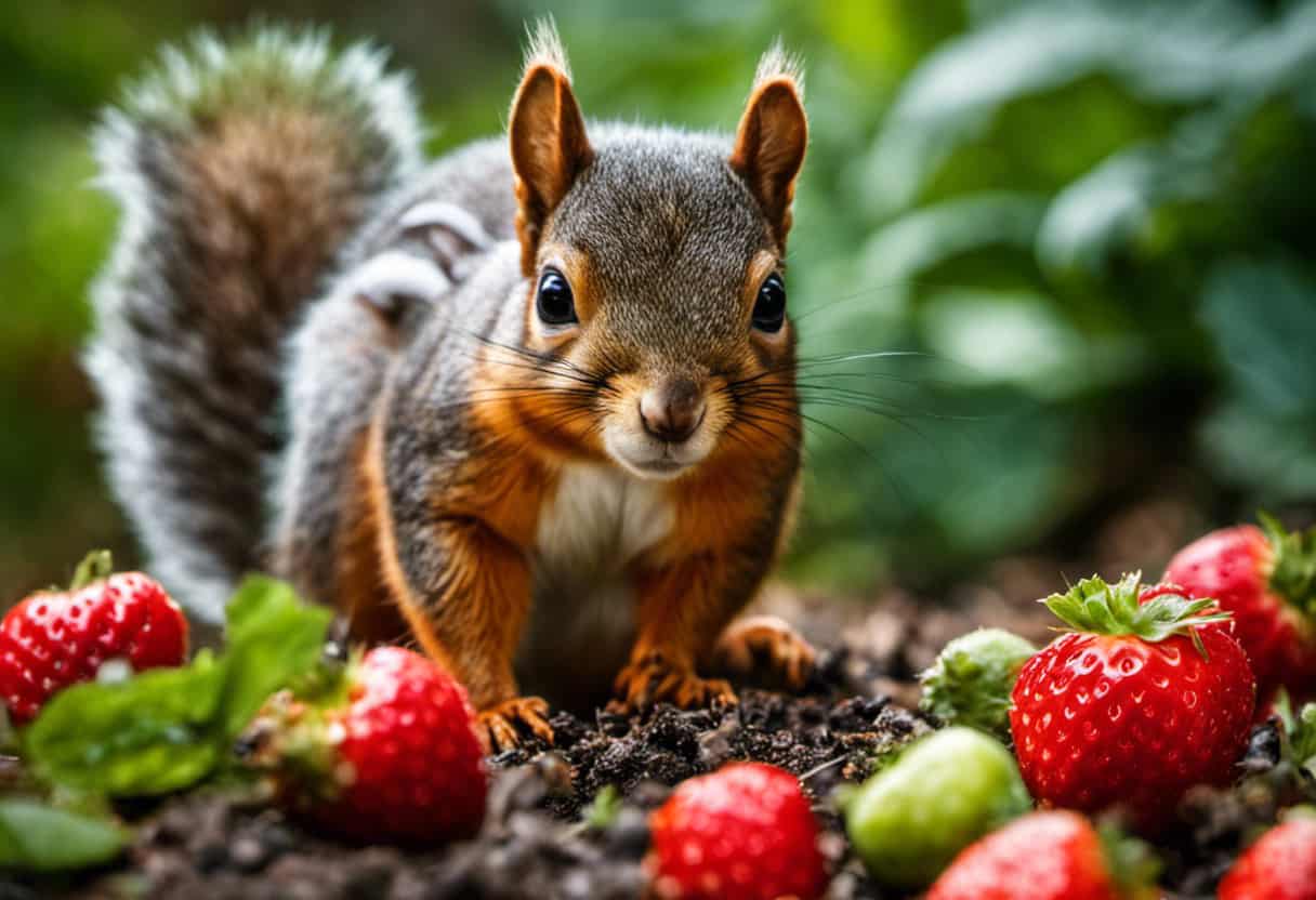 An image capturing a squirrel's mischievous gaze as it scampers near strawberry plants, showcasing its curious behavior
