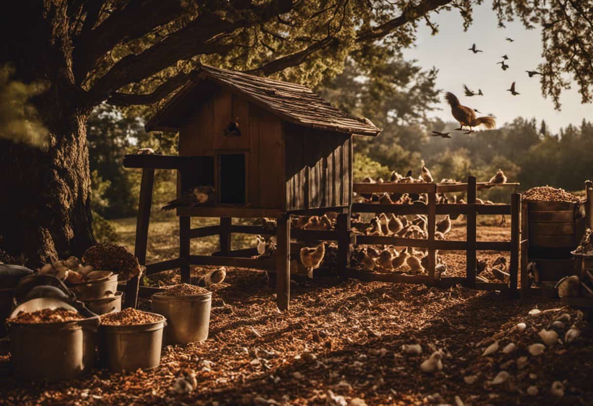 An image showing a rustic chicken coop surrounded by a thick layer of crushed oyster shells, with an ornate iron fence topped with pinecone-filled bird feeders hanging from it, while squirrels playfully leap from tree to tree nearby