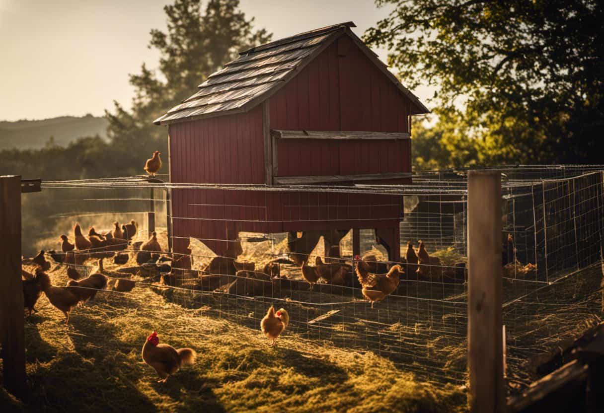 An image that showcases a sturdy, mesh wire fence surrounding a vibrant chicken coop