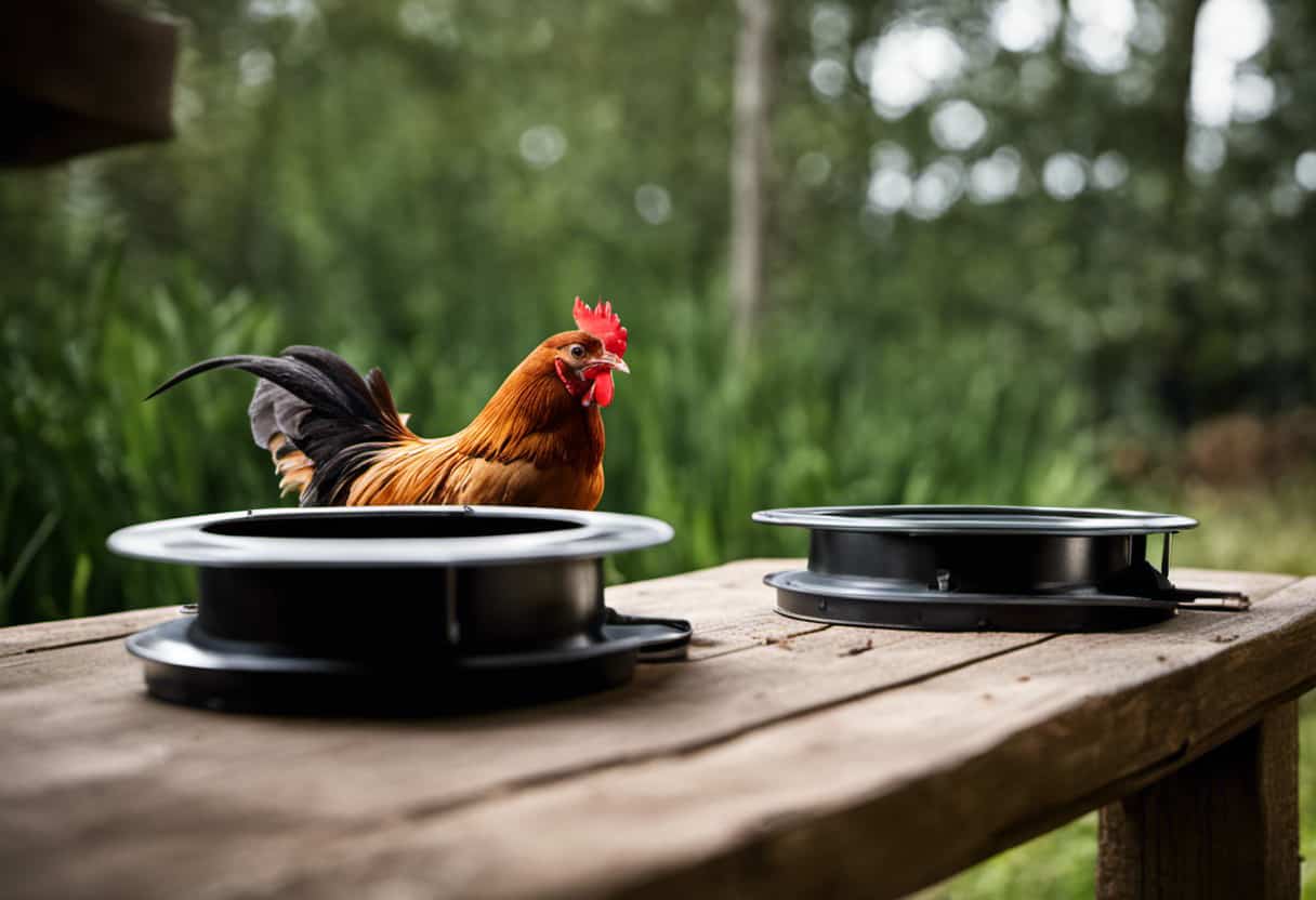 An image showcasing a close-up of a sturdy, well-sealed chicken feeder surrounded by a neatly trimmed perimeter