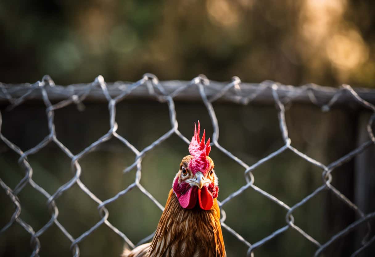An image showcasing a sturdy chicken wire fence enclosing a chicken coop, with a raised roof and covered sides to prevent squirrels from accessing the feed