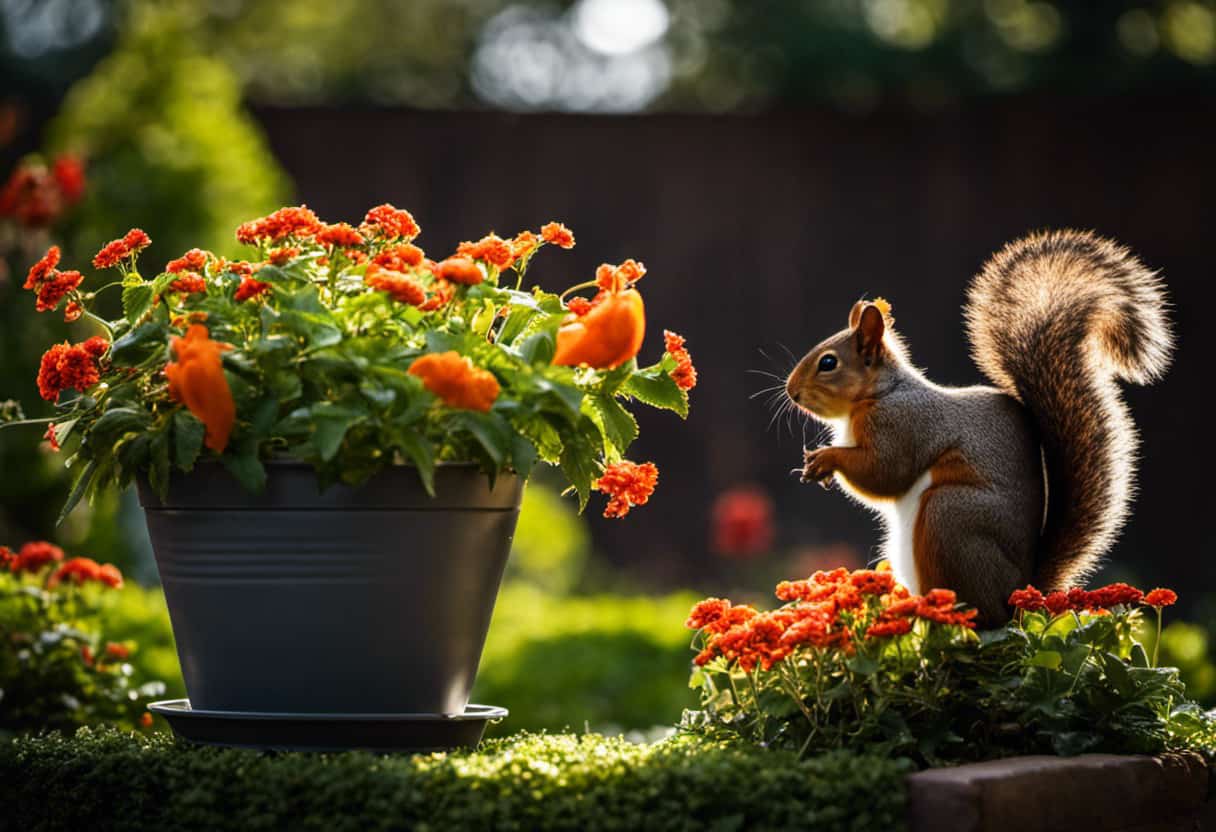 An image capturing a peaceful garden scene with squirrel-proof flower pots