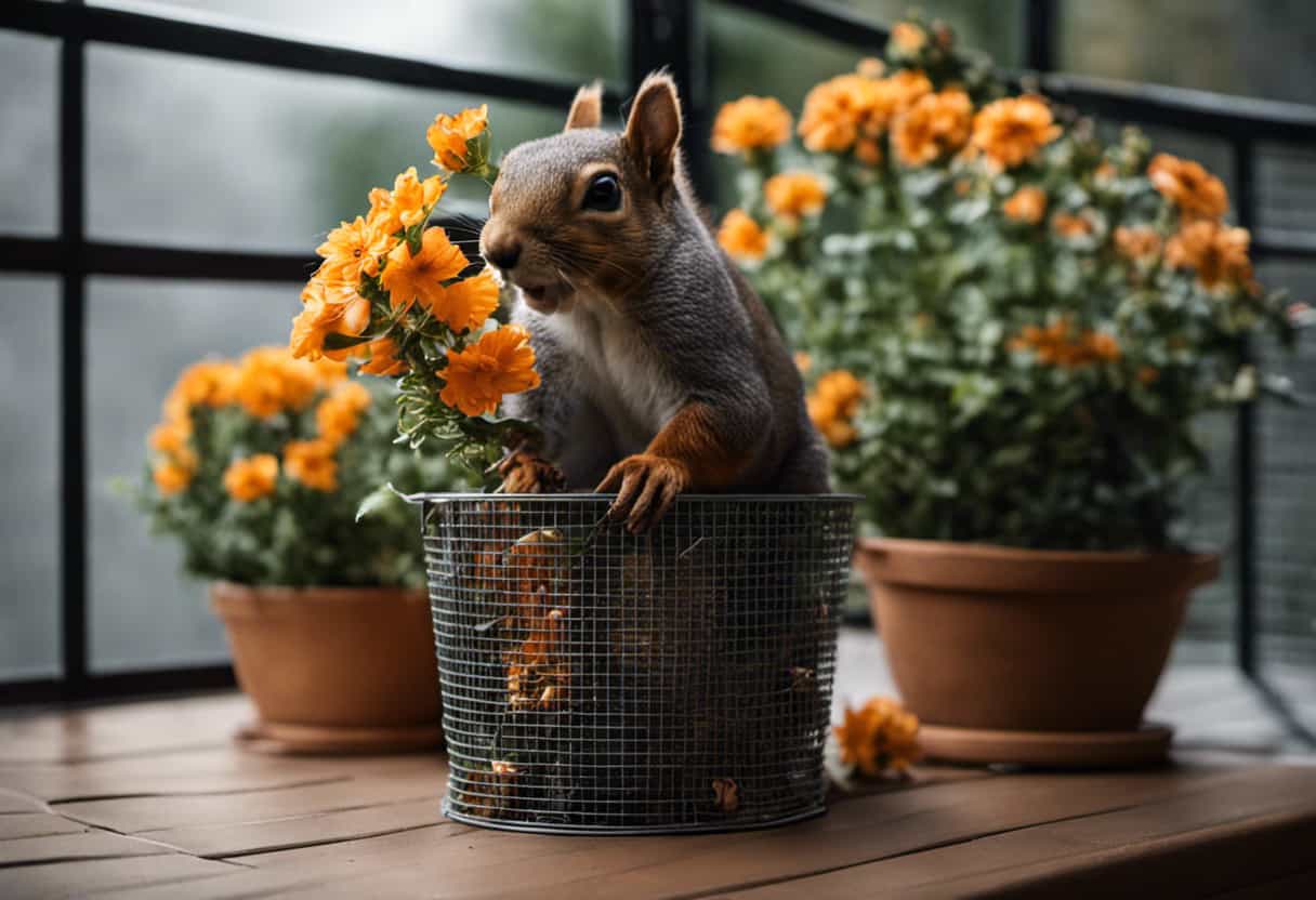 An image showcasing a squirrel-proof flower pot setup with a sturdy wire mesh covering the pot's opening