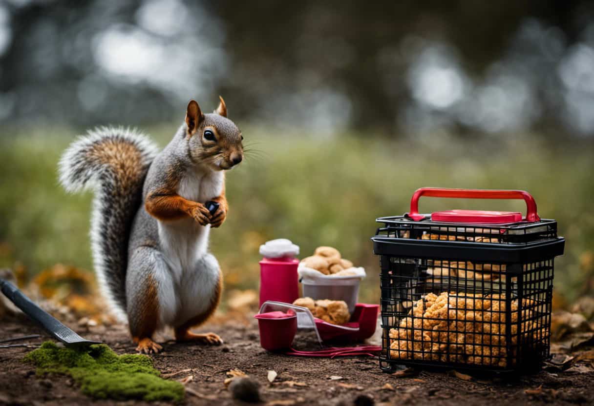 An image showcasing the essential equipment needed to rescue a squirrel: a sturdy pair of gloves, a small animal carrier with ventilation holes, a soft blanket, a net with a long handle, and a squirrel-friendly food container
