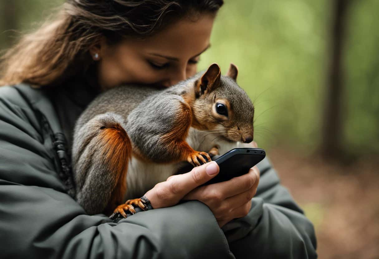 An image showcasing a person gently cradling an injured squirrel in their hands, while a phone nearby displays the number of a wildlife rehabilitation center
