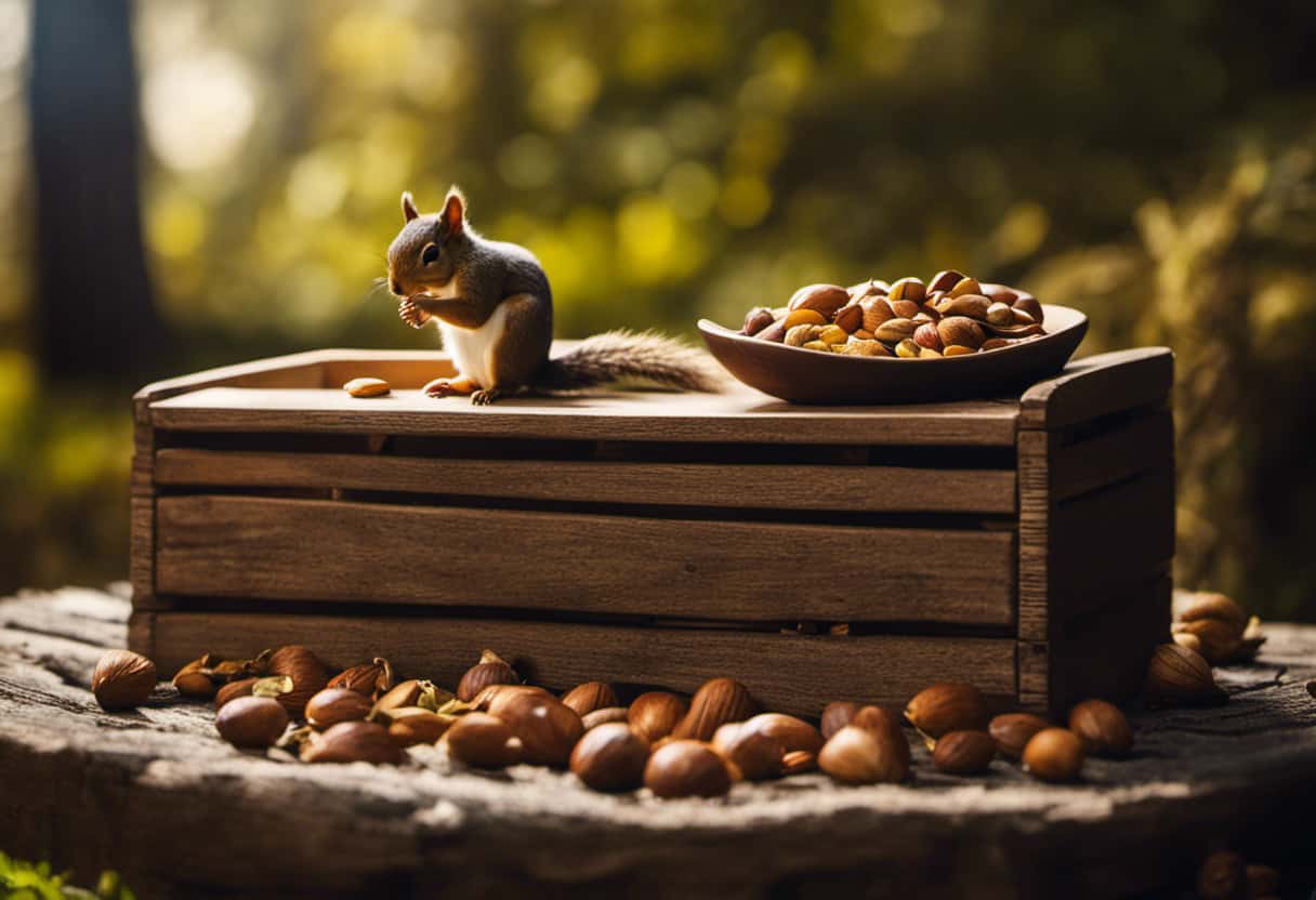 An image showcasing a cozy squirrel shelter: a wooden box filled with soft, leafy bedding, accompanied by a small bowl of fresh nuts, seeds, and a shallow dish of water