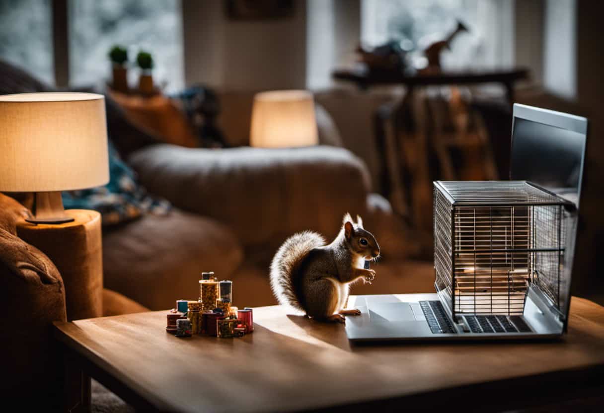 An image featuring a cozy living room with a squirrel-proof cage in the corner, filled with squirrel essentials like toys, bedding, and a feeding station