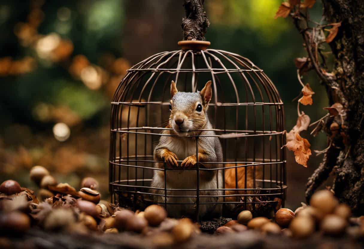 An image of a cozy squirrel habitat, featuring a spacious cage with multiple levels, soft bedding made of fresh leaves and twigs, a variety of chew toys, and a secure feeding station with a bowl of fresh nuts
