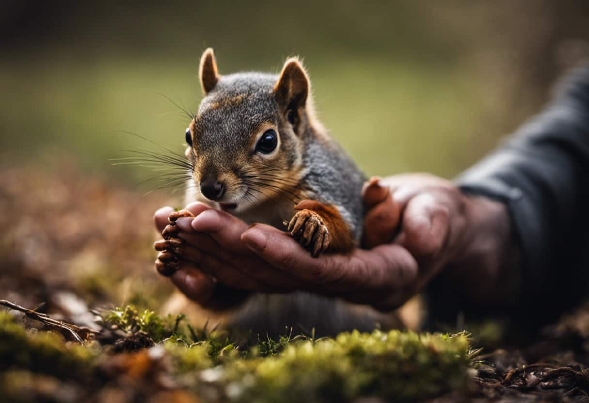 An image showcasing a close-up of a squirrel's paw with a visible wound, surrounded by a hand gently holding it