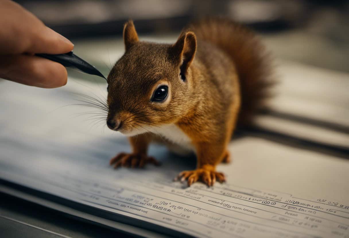An image showcasing a close-up of a gentle hand holding a tiny squirrel against a backdrop of a monitoring chart, displaying detailed measurements and notes, symbolizing the importance of monitoring the squirrel's progress during its recovery