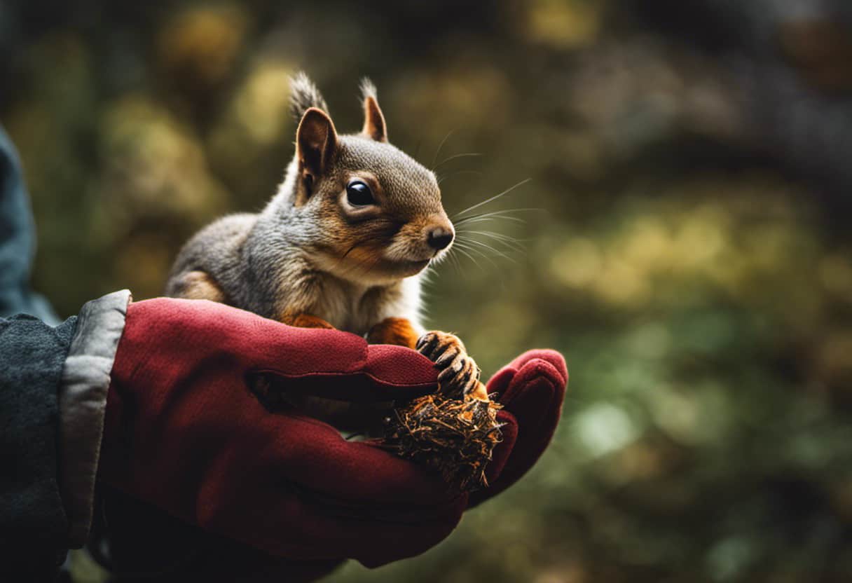 An image of a person gently cradling an injured squirrel in their hands, carefully using tweezers to remove a small thorn from its paw, while wearing protective gloves and a concerned expression