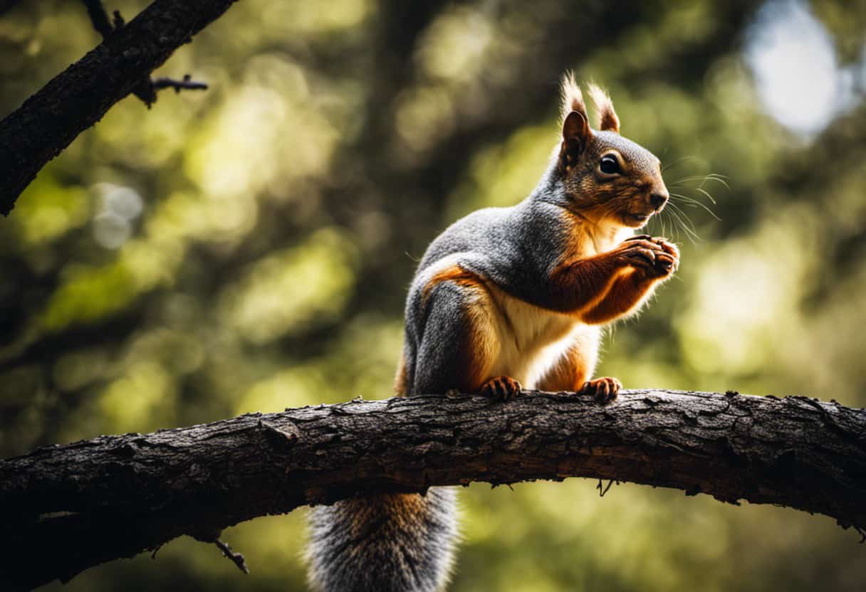 An image capturing a close-up view of a squirrel with a noticeable limp, cradling its injured paw, as it sits in a hunched position on a tree branch, showcasing signs of distress and physical discomfort
