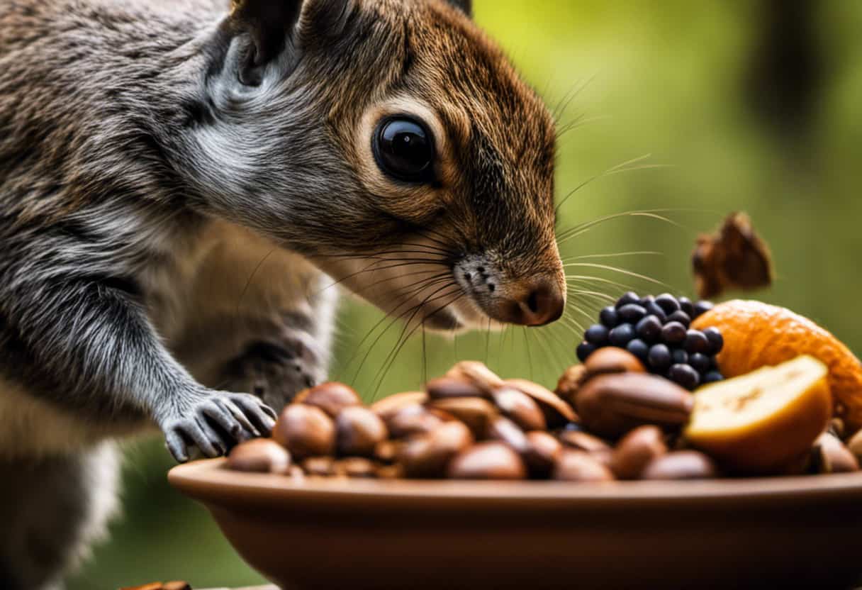 An image of a compassionate person gently holding a small dish filled with a blend of fruits, nuts, and seeds, while a curious injured squirrel sits nearby, eagerly nibbling on a treat