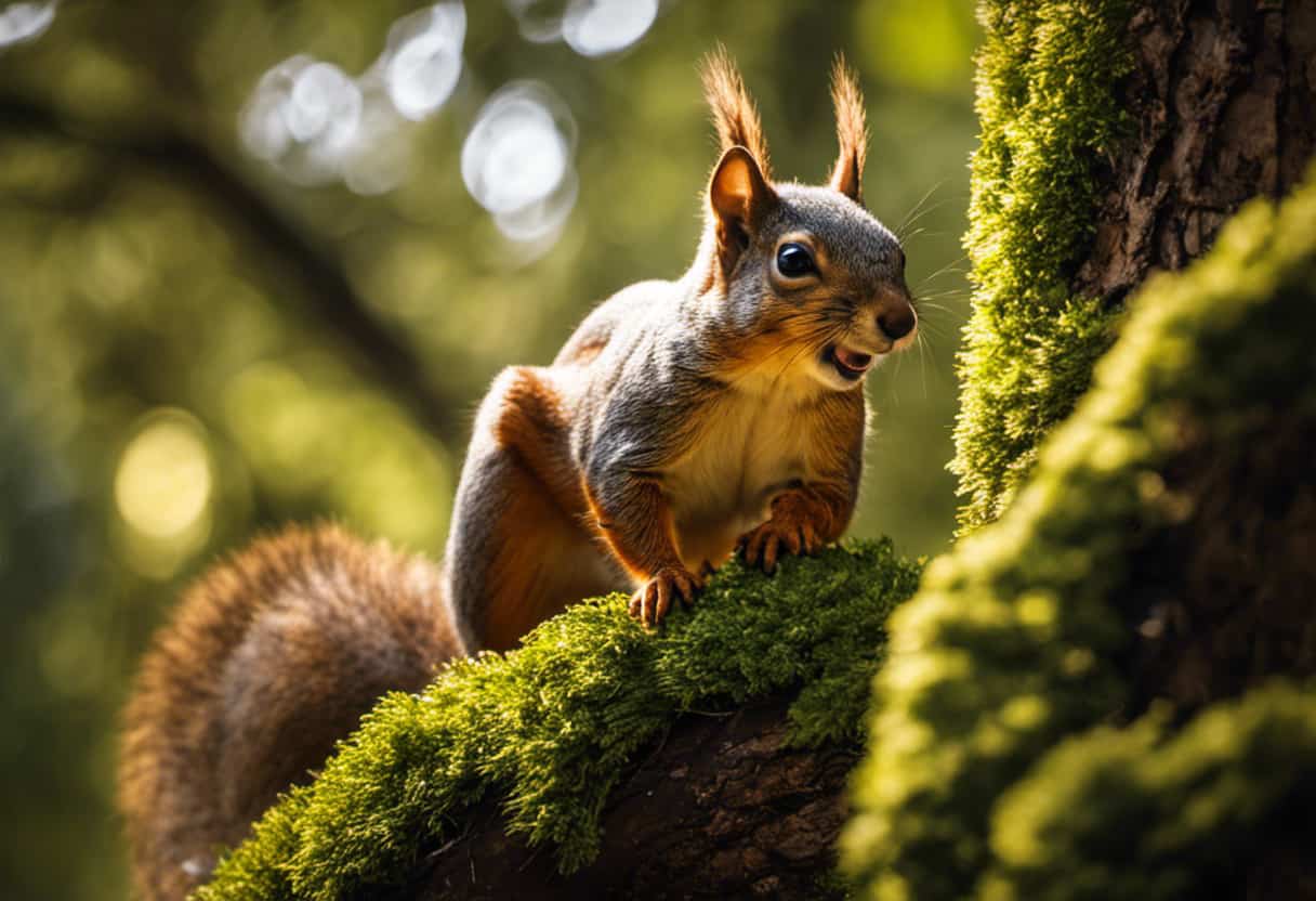 An image that showcases a lush, vibrant forest backdrop with a squirrel perched atop a tall, sturdy tree branch