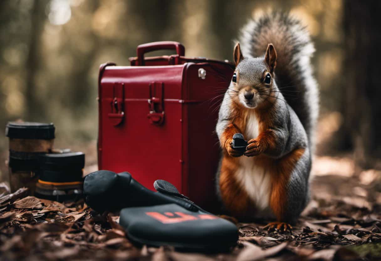 An image showcasing a person wearing thick gloves, protective eyewear, and closed-toe shoes, carefully holding a first aid kit while approaching an injured squirrel