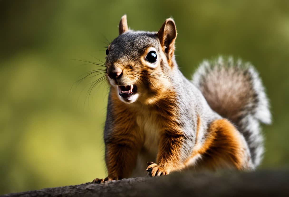  Create an image featuring a close-up of a squirrel showing distinct symptoms of rabies, such as aggressive behavior, disorientation, drooling, and dilated pupils