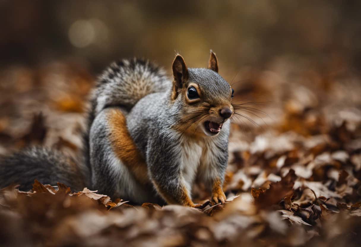 An image capturing the physical symptoms of a rabid squirrel: disheveled fur, aggressive posture, bared teeth, uncontrollable drooling, and spasmodic movements