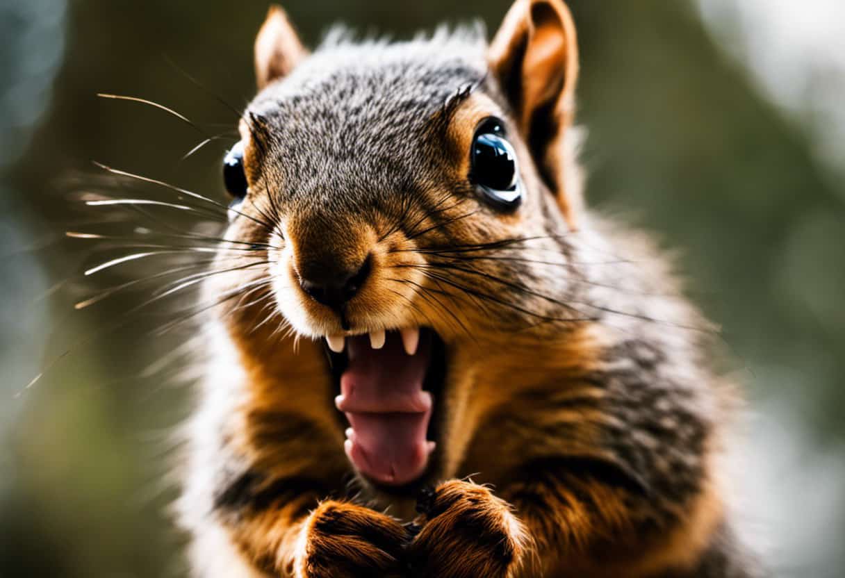 An image showcasing a close-up view of a squirrel baring its teeth, with raised fur and an arched back