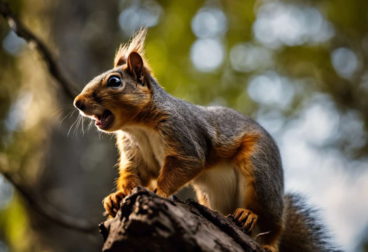 An image showcasing a squirrel with jerky, unsteady movements, stumbling as it climbs a tree