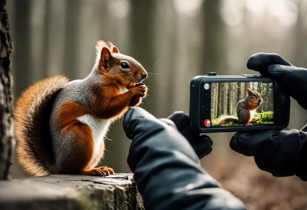 An image featuring a person observing a squirrel from a safe distance, wearing gloves, and holding a phone to capture a photo or video