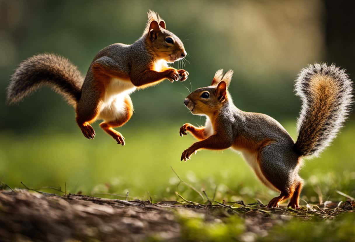 An image capturing the intense chase as two squirrels engage in a spirited game of tag, showcasing their acrobatic leaps, tail flicking, and energetic pursuit - all clear signs of mating behavior