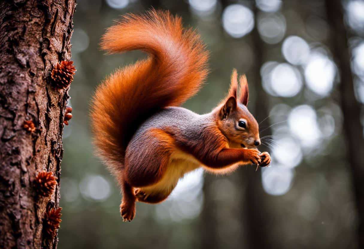 An image capturing the agile acrobat, the red squirrel, gracefully leaping between branches, showcasing its vibrant red fur against a backdrop of towering pine trees and scattered pinecones