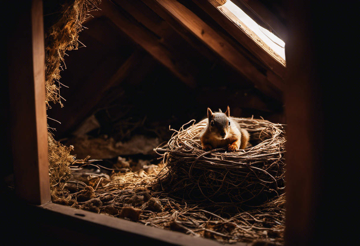 An image depicting a squirrel nest in an attic, showing chewed wires, torn insulation, and scattered droppings