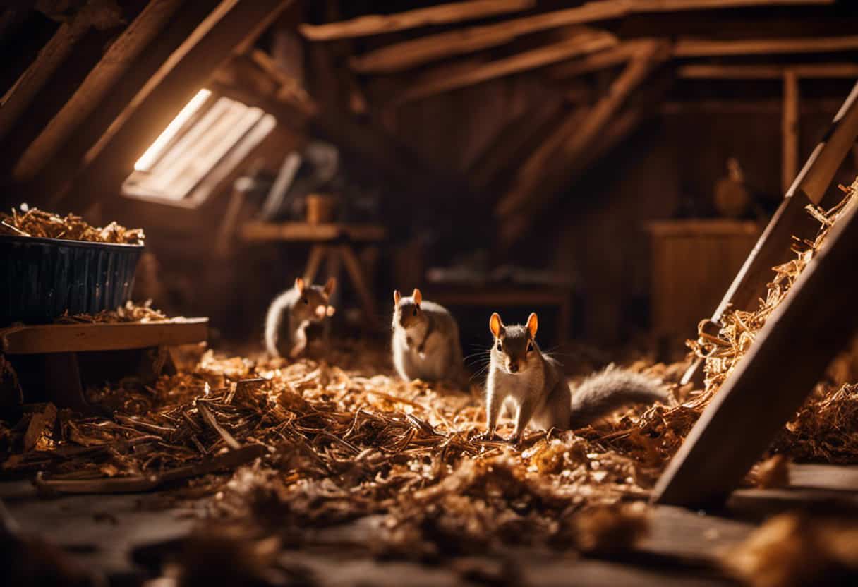An image depicting a cozy attic space with shredded insulation strewn across the floor, while mischievous squirrels wreak havoc, their tiny paws tearing through the once-protective layers, revealing the bare wooden framework