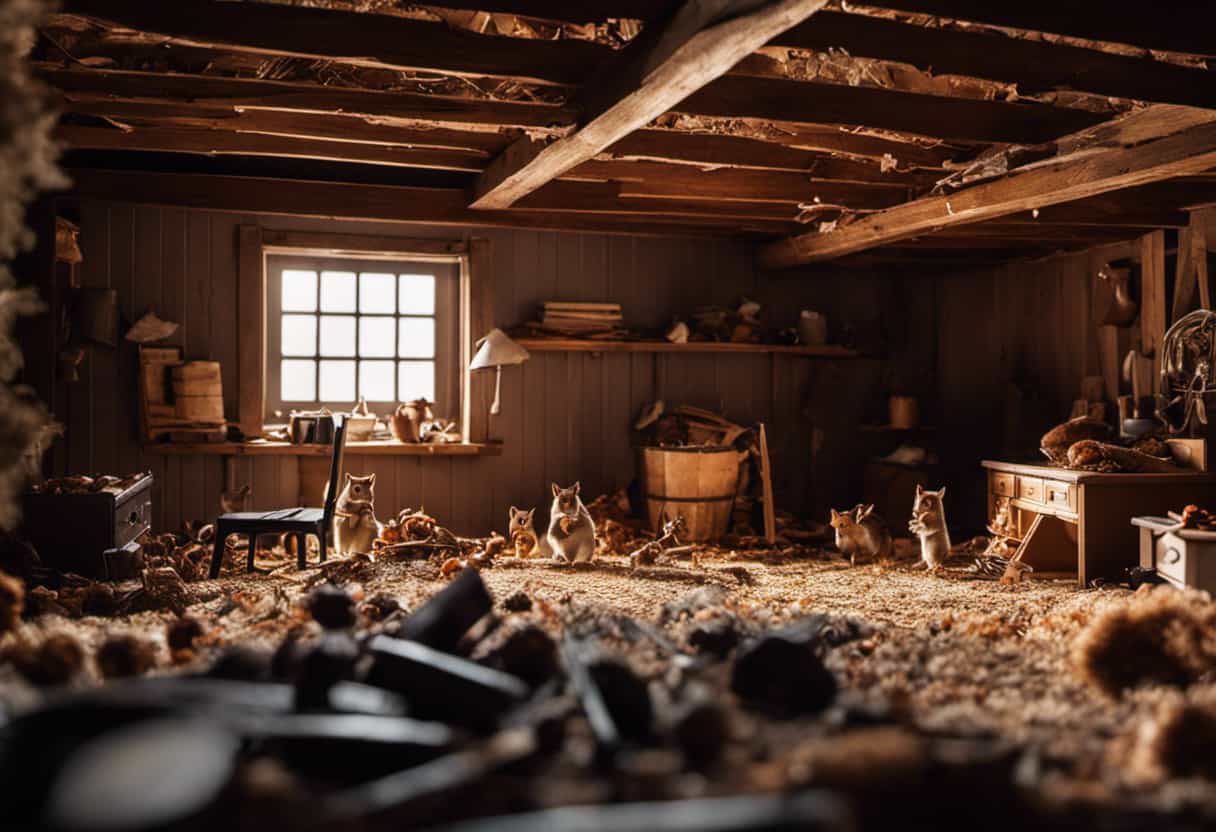 An image depicting a cozy attic invaded by mischievous squirrels