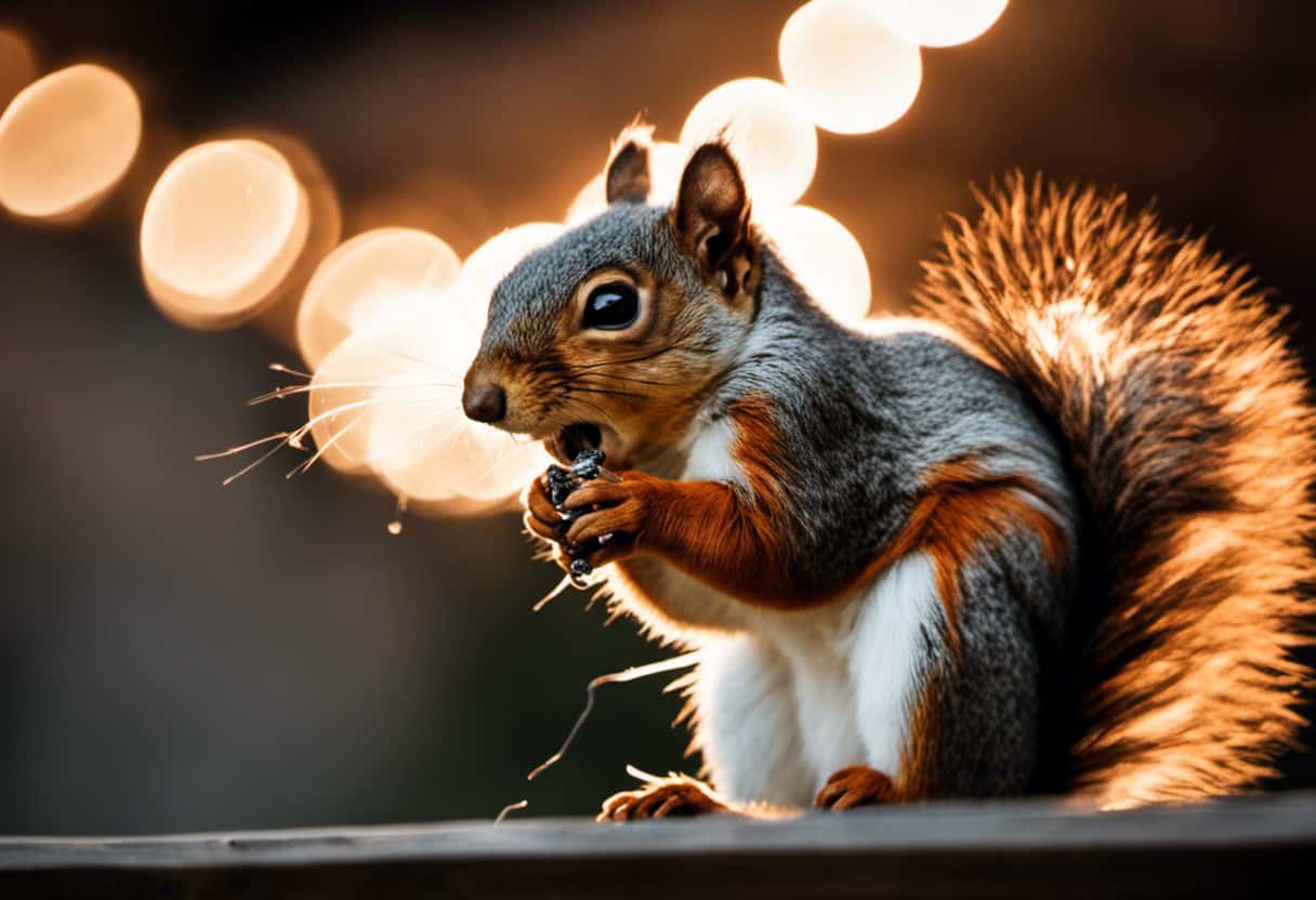 An image featuring a squirrel gnawing on electrical wires in an attic