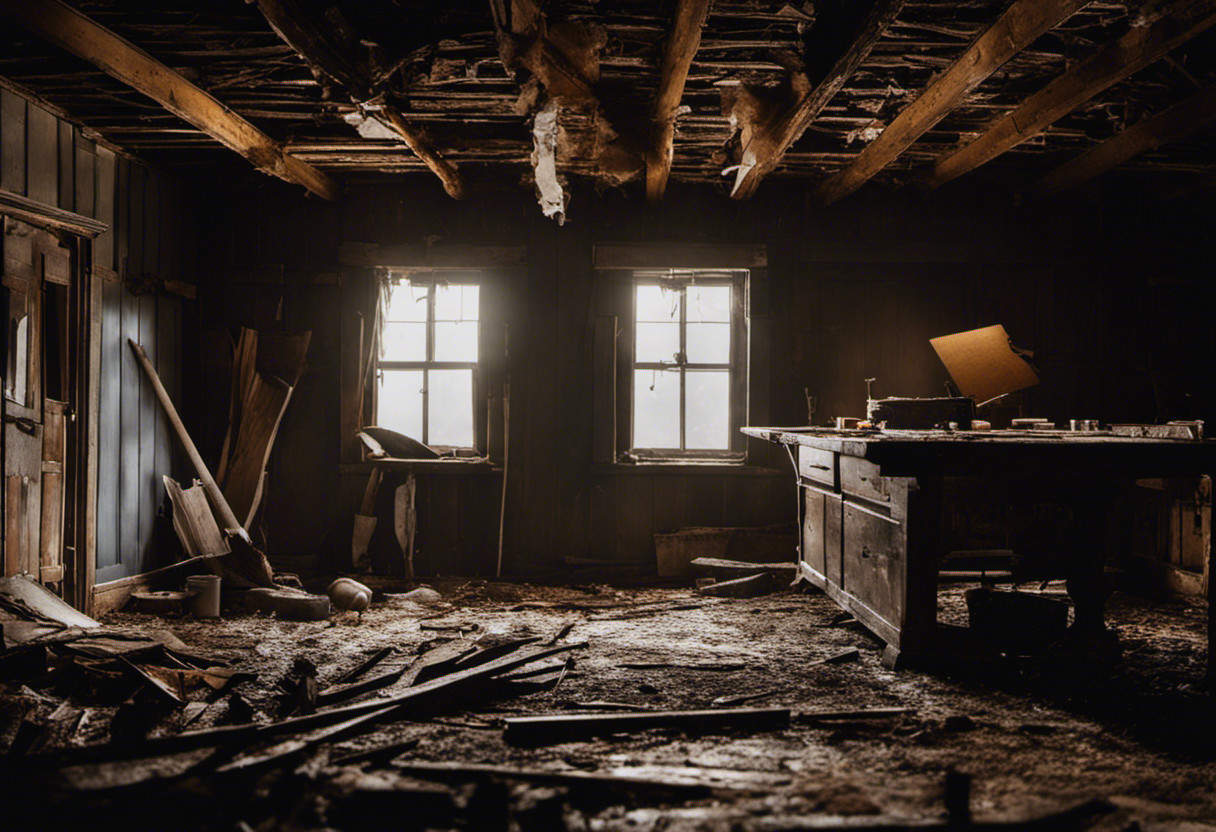 An image showcasing a dilapidated attic, with water stains, rotting wooden beams, and a leaky ceiling caused by squirrel infestations