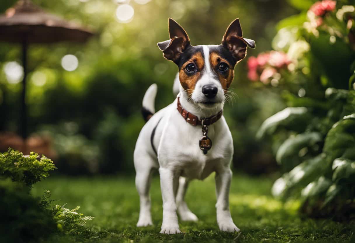 An image showcasing a fearless Jack Russel Terrier standing tall with an alert expression, poised to strike, in a lush garden setting