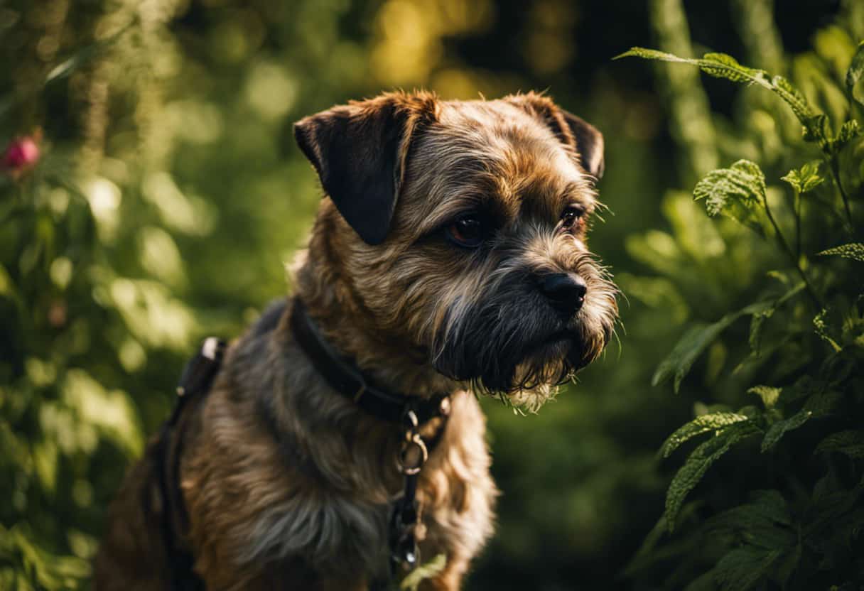 An image showcasing a fearless Border Terrier confidently standing guard in a lush garden, its wiry coat blending with the green foliage, ready to protect against snakes lurking in the shadows