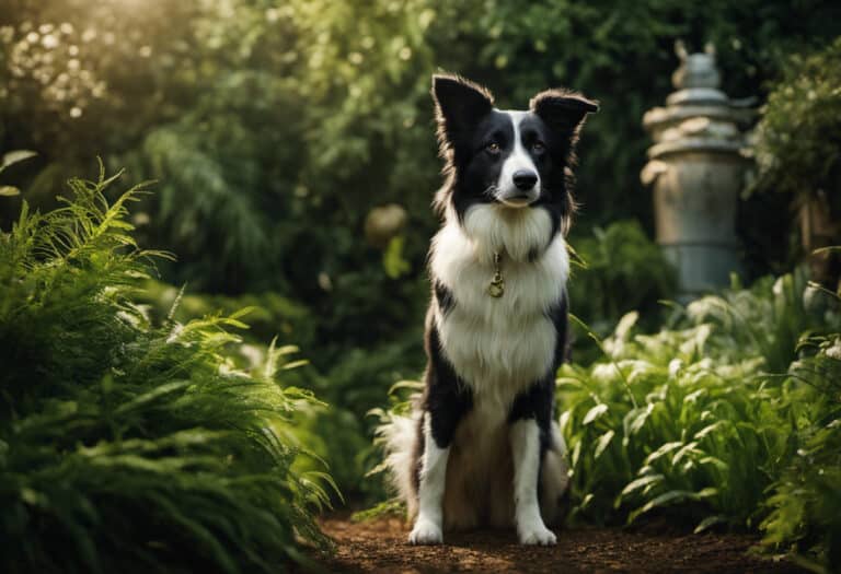 An image showcasing a serene garden scene, with a vigilant Border Collie standing tall amidst lush greenery