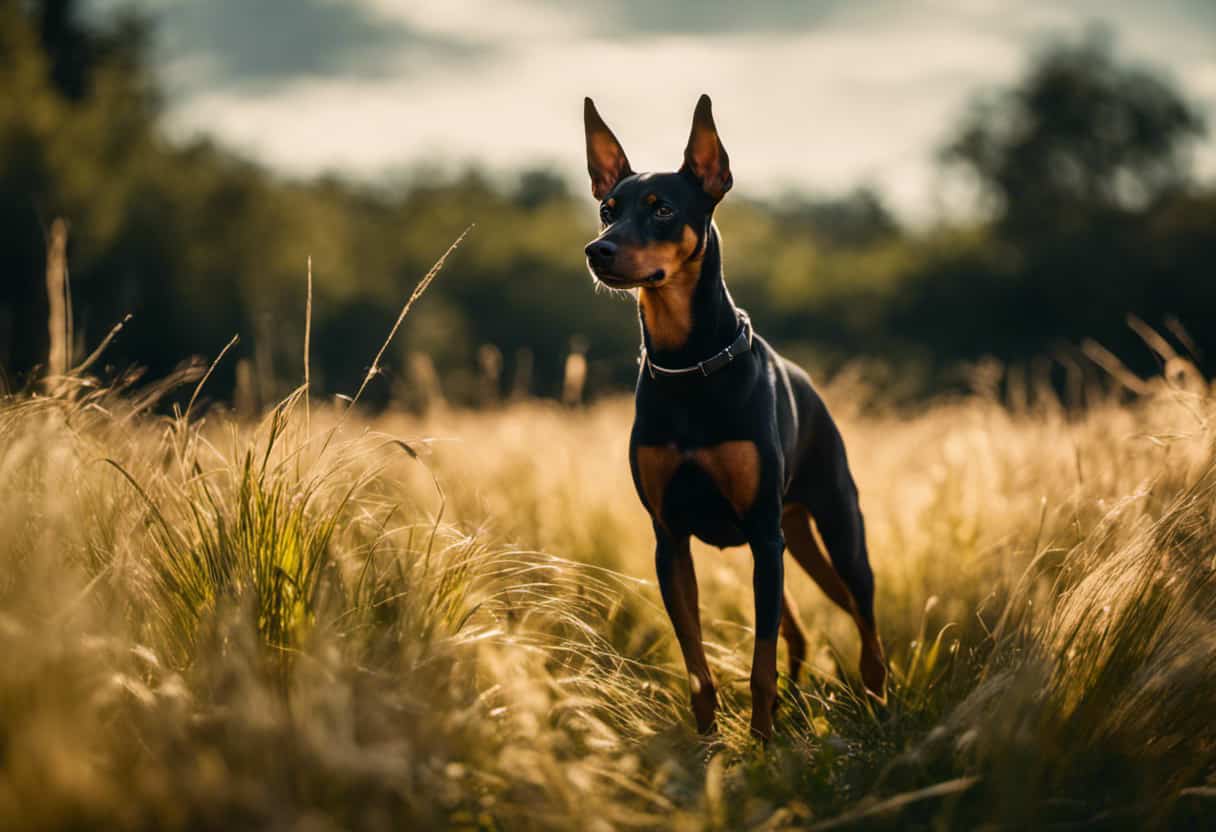  a striking German Pinscher, sleek and muscular, standing alert amidst tall grass