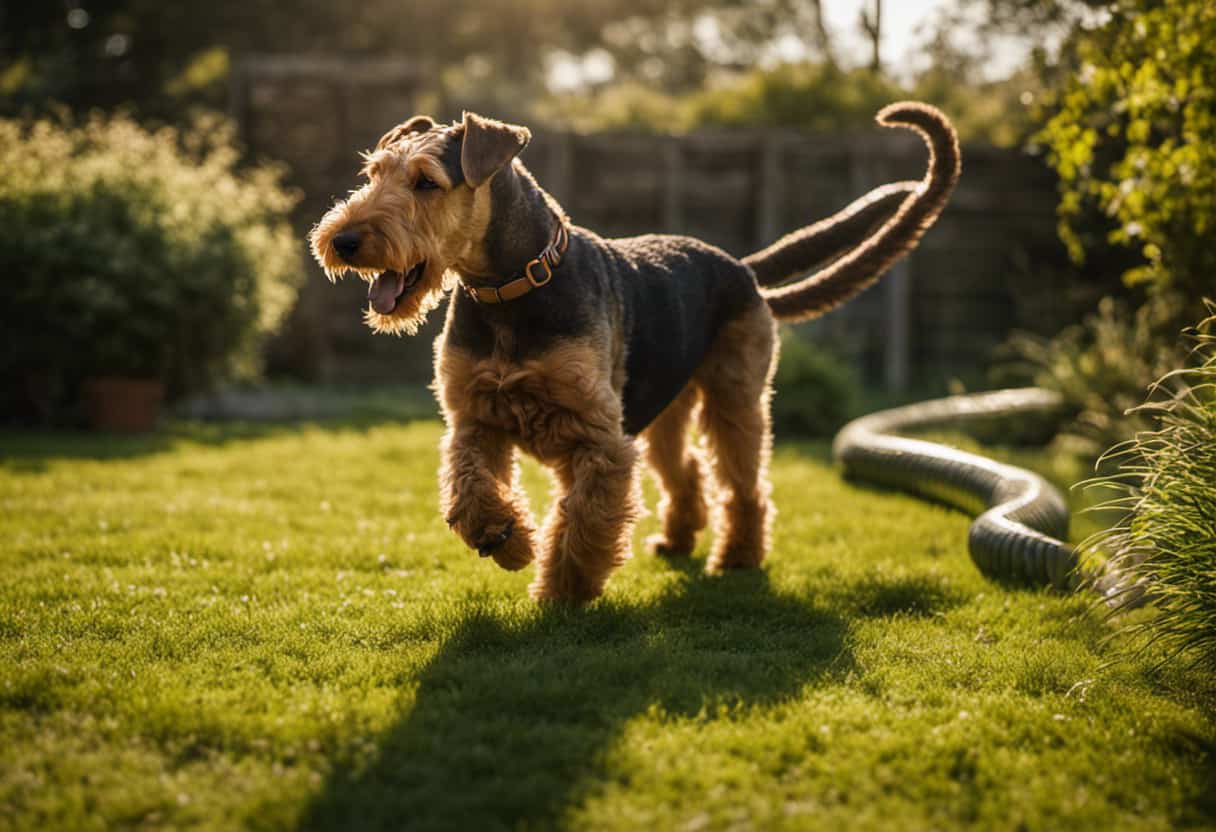 An image capturing the agility of the Airedale Terrier, showcasing its muscular build and fearless demeanor as it fearlessly confronts a coiled snake in a sun-drenched garden, emphasizing its natural ability for snake control