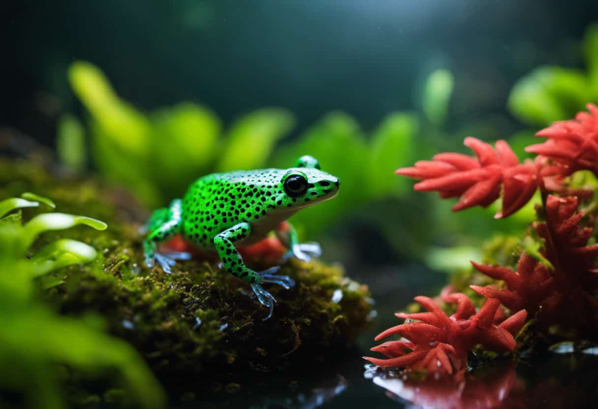 An image showcasing the vibrant African Dwarf Frogs in their natural habitat, surrounded by lush green vegetation