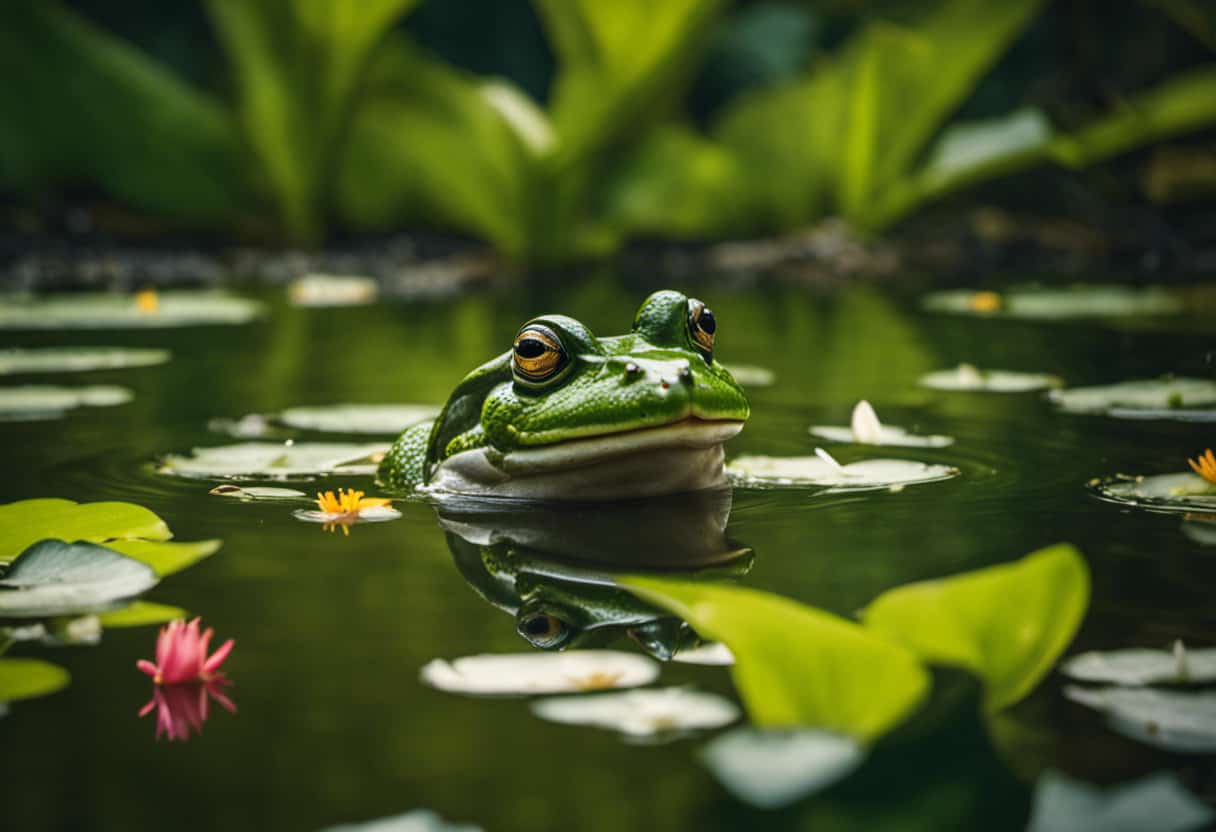 An image showcasing a vibrant, lush pond teeming with life, as a massive Bullfrog gracefully leaps from a lily pad, while nearby, ten diverse and captivating snake species hungrily eye their next meal