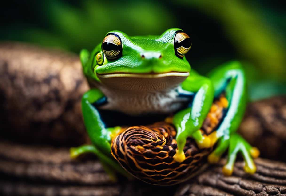 An image showcasing a vibrant green tree frog perched on a snake's coiled body, while the snake's translucent stomach reveals the intricate process of enzymatic digestion