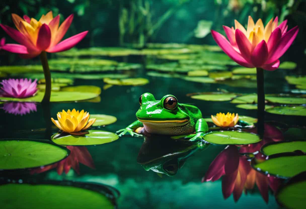 An image depicting a lush, emerald green pool surrounded by vibrant water lilies, as a curious pool frog perches on a lily pad