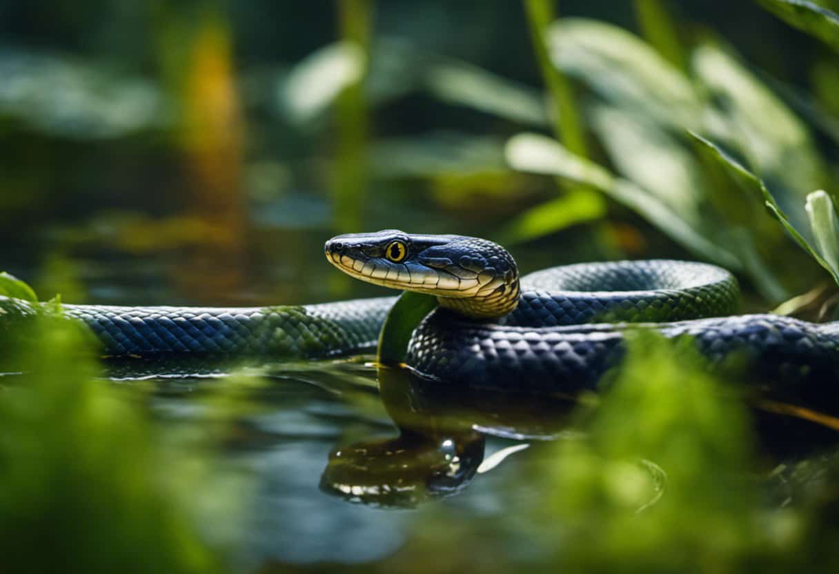 An image showcasing the mesmerizing sight of water snakes stealthily gliding through lush aquatic habitats