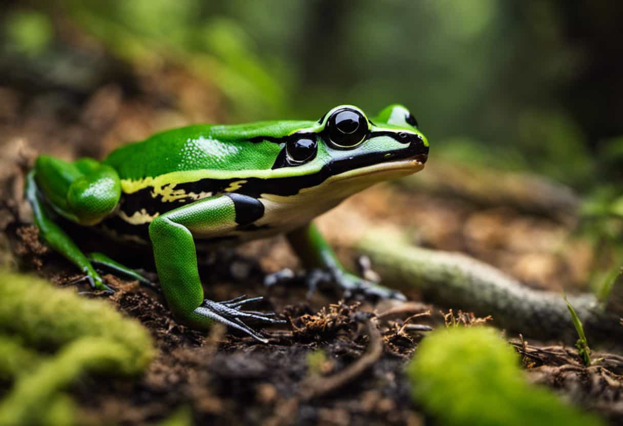 An image capturing the dramatic moment when a vibrant green Wood Frog, with its distinctive black mask, is being devoured by a voracious Eastern Hog-nosed Snake, showcasing the intricate patterns and textures of both creatures against a lush forest backdrop