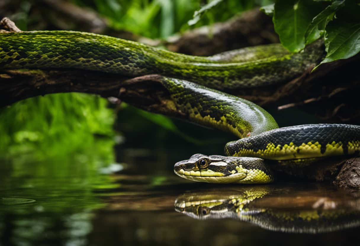 An image capturing the raw power of python snakes near water; show a massive python coiled around a tree branch, its jaws wide open, devouring a vibrant green frog, while the shimmering water reflects their intense encounter
