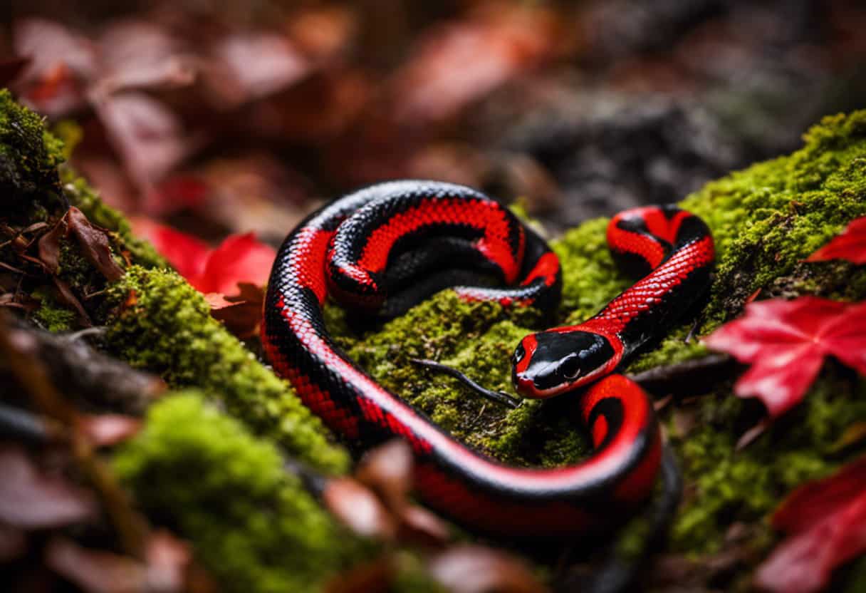 An image showcasing the Northern Scarlet Snake slithering through a vibrant forest floor, its slender body adorned with red, black, and white bands, blending seamlessly with the autumn leaves and moss-covered rocks