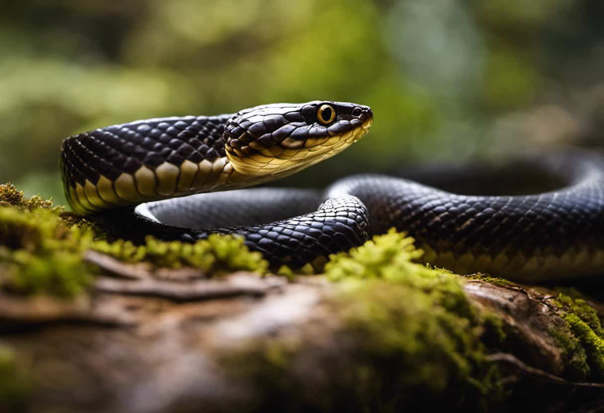 An image capturing the essence of the Northern Water Snake in its natural habitat: a sleek, dark-colored serpent coiled around a moss-covered branch, its glossy scales glistening as it basks in the shimmering sunlight near a serene riverbank