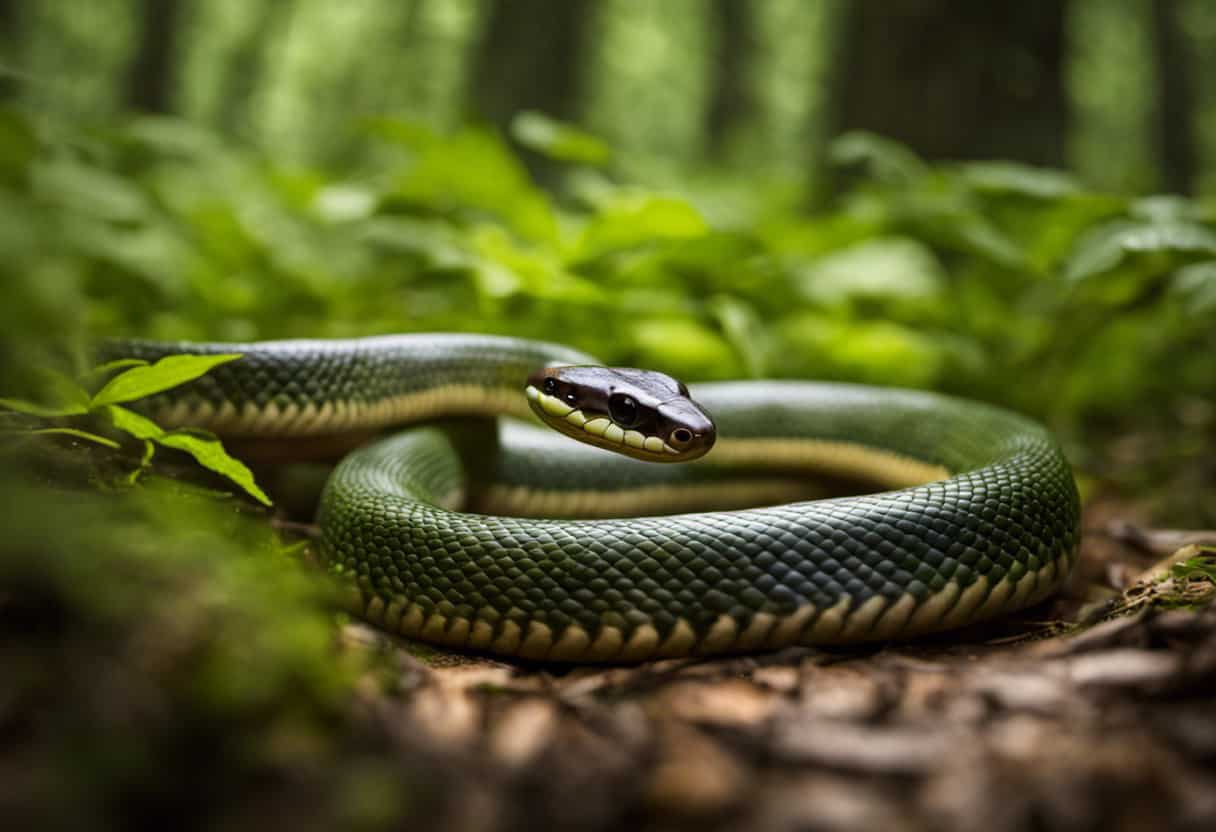 An image capturing the mesmerizing beauty of a Rough Earth Snake slithering amidst a lush green forest floor in Virginia
