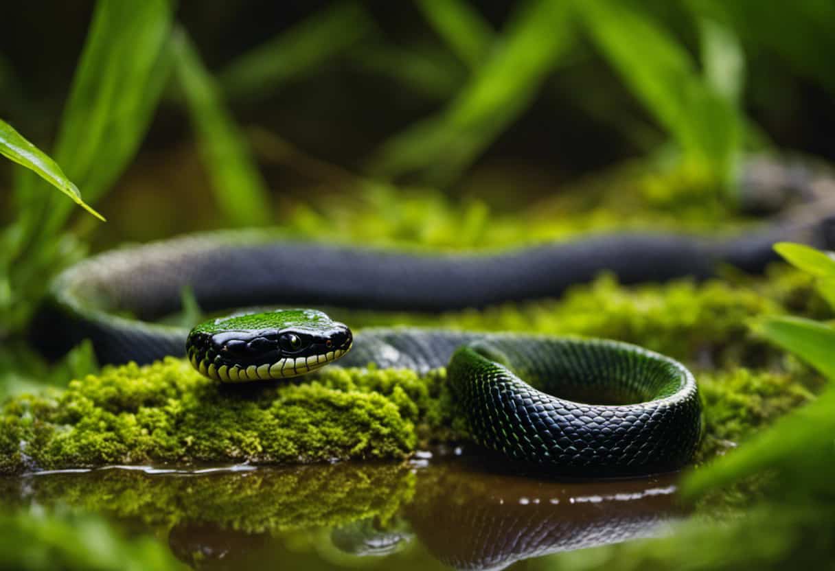 An image capturing the mesmerizing beauty of an Eastern Mud Snake slithering through a muddy wetland, its shiny, jet-black body contrasting against the vibrant green backdrop, showcasing one of Virginia's most intriguing reptilian inhabitants