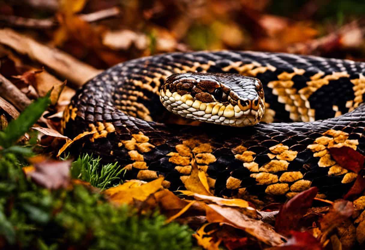 An image capturing the intense gaze of a menacing Timber Rattlesnake coiled amidst the vibrant autumn leaves of Virginia's forests, showcasing its distinct diamond-shaped patterns, earthy hues, and formidable fangs