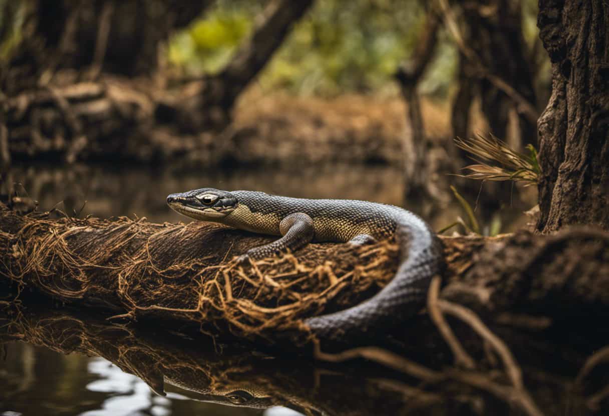 An image capturing a dramatic scene of a python, coiled around a tree branch, while a stealthy mongoose pounces towards it, as a hawk observes from above, and a crocodile lurks beneath the water's surface