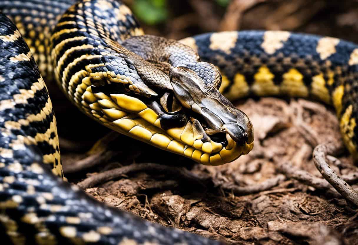 An image depicting a fierce battle between a powerful Burmese python and a venomous king cobra, showcasing the raw strength and deadly precision of these constrictor snakes locked in a life-or-death struggle